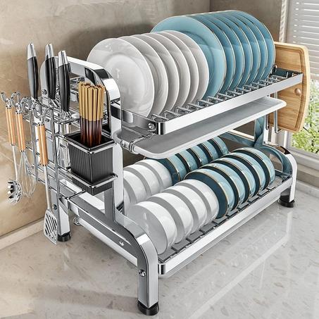 رف أطباق من طبقتين، مجموعة ألواح التصريف، مصفاة أطباق، رف تخزين على سطح المطبخ، حامل أكواب، حامل سكاكين وشوك