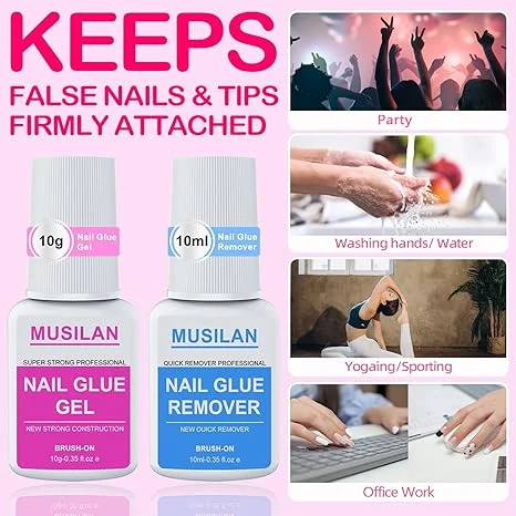 New Upgrade Nail Glue and Glue Remover Kit هو طقم متكامل يوفر غراء أظافر قوي جدًا إلى جانب مزيل مخصص لإزالة الأظافر بسهولة وأمان.