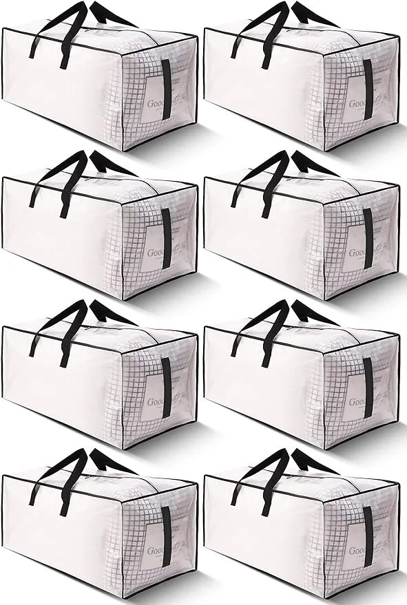 8 Pack Large Strong Moving Bags with Zippers & Carrying Handles - Water-Resistant - Heavy Duty Storage Tote for Space Saving, Fold Flat, Alternative to Moving Box (Semi-Transparent) Brand: HO