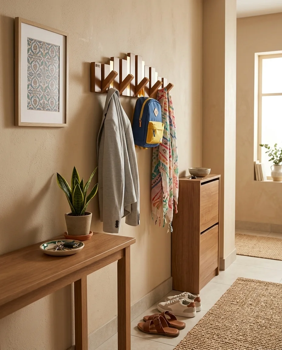 Porte-Manteau Mural Design en Bois avec Touches Dorées - علاقة ملابس خشبية