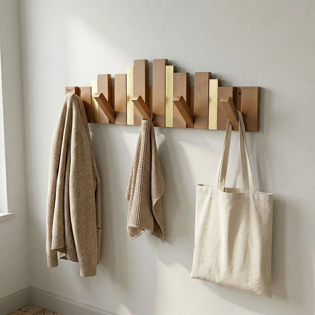 Porte-Manteau Mural Design en Bois avec Touches Dorées - علاقة ملابس خشبية