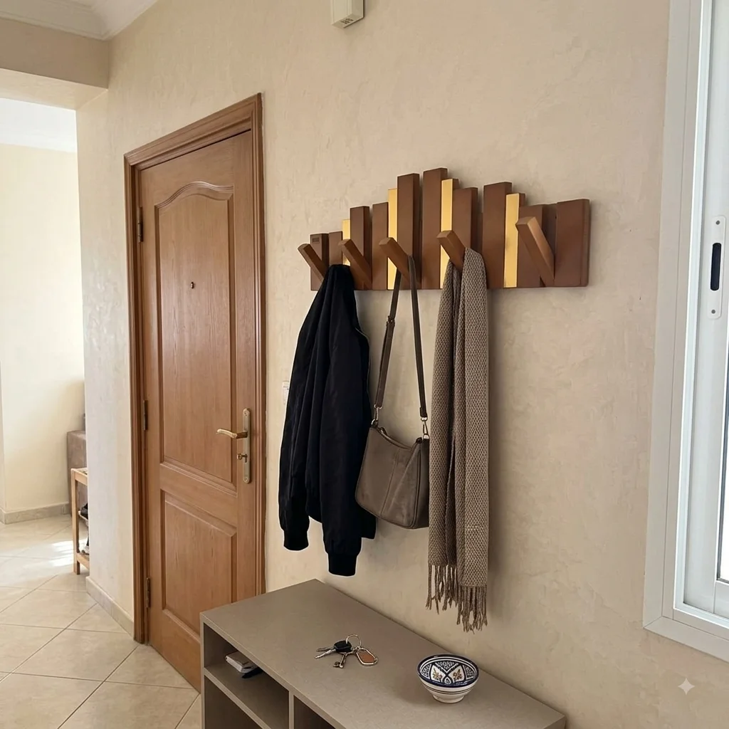 Porte-Manteau Mural Design en Bois avec Touches Dorées - علاقة ملابس خشبية
