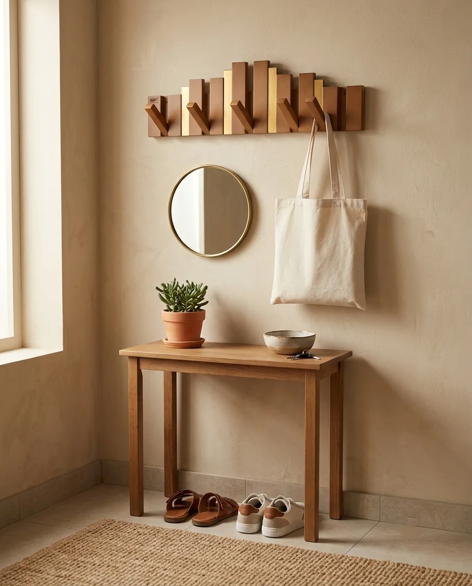 Porte-Manteau Mural Design en Bois avec Touches Dorées - علاقة ملابس خشبية