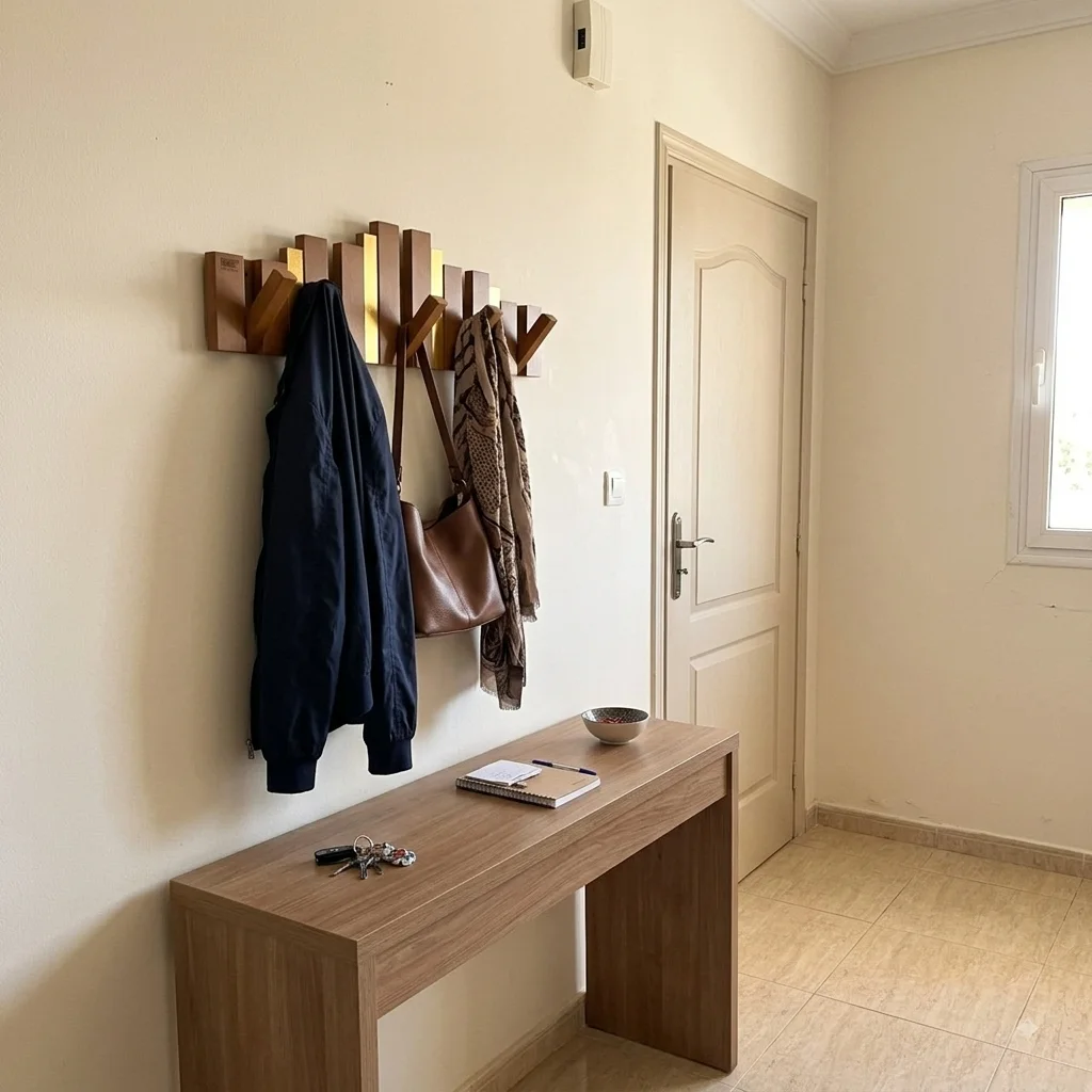 Porte-Manteau Mural Design en Bois avec Touches Dorées - علاقة ملابس خشبية