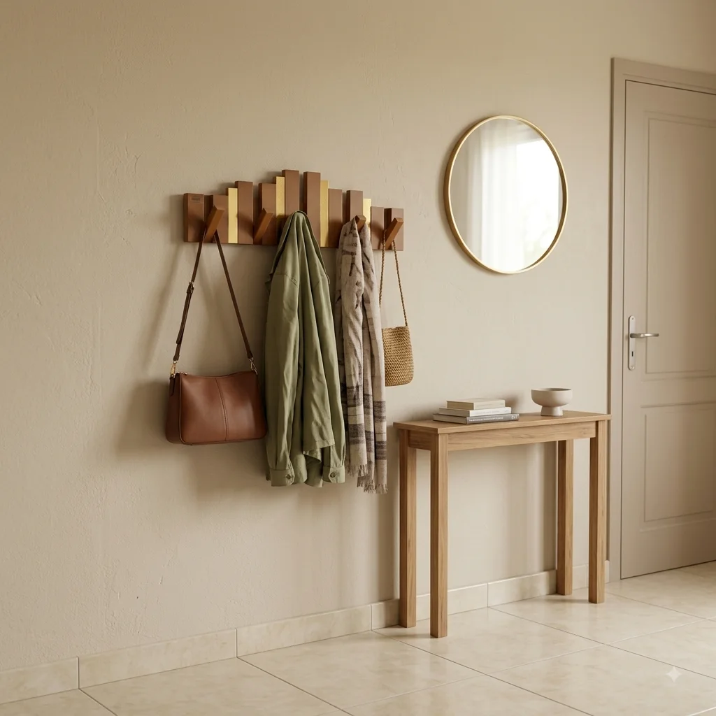 Porte-Manteau Mural Design en Bois avec Touches Dorées - علاقة ملابس خشبية