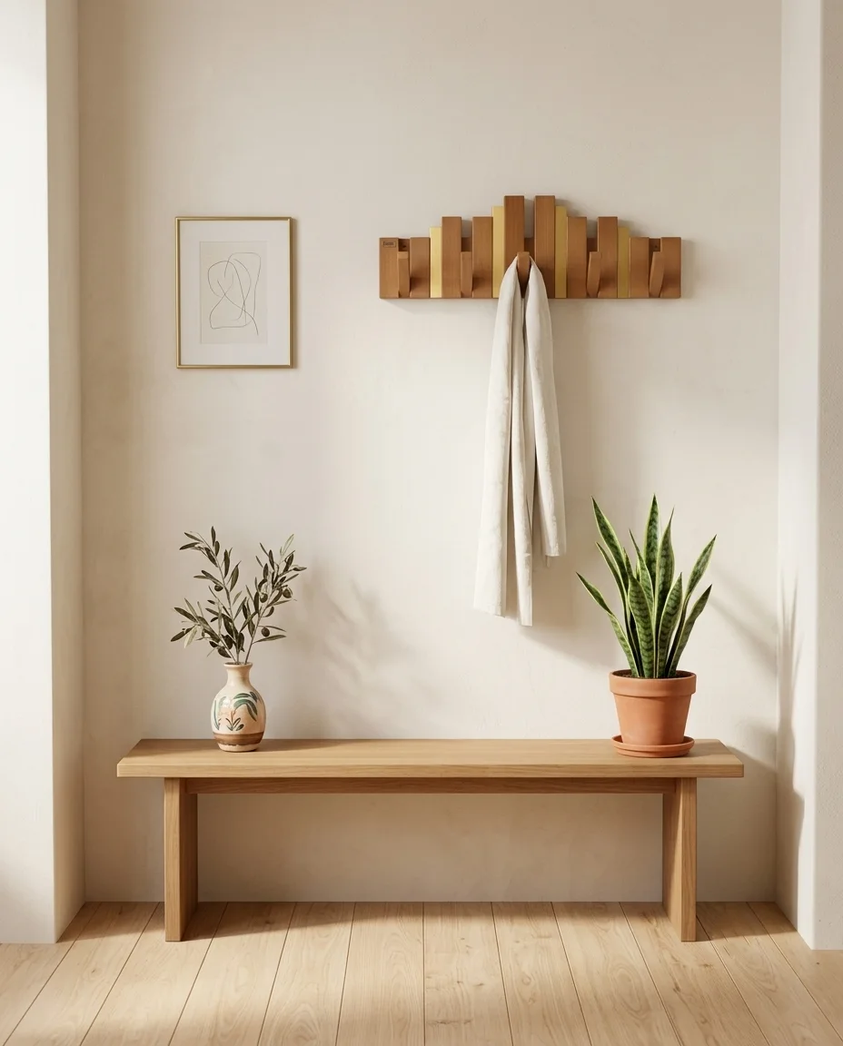 Porte-Manteau Mural Design en Bois avec Touches Dorées - علاقة ملابس خشبية