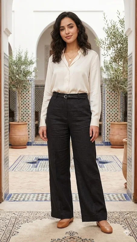 سروال أسود كلاسيكي بقصة واسعة مع حزام جلدي – أناقة وراحة يومية ✨👖