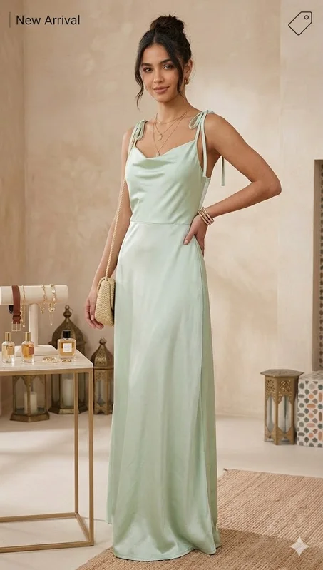 فستان سهرة من الساتان الناعم - لون أخضر باستيل (Pistachio)