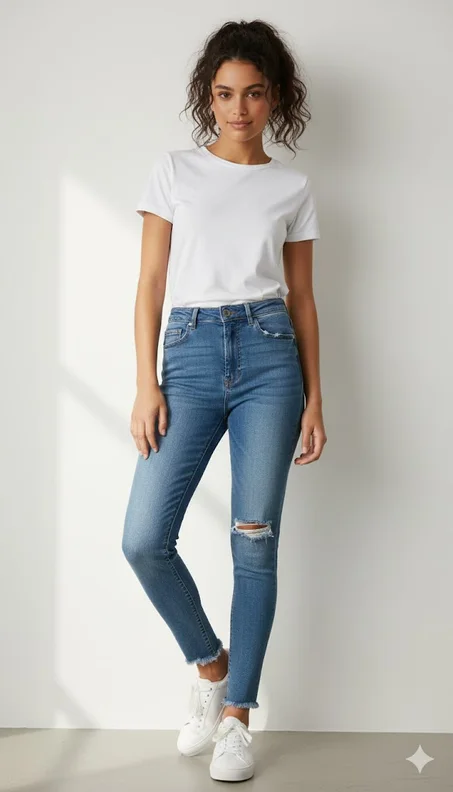 طقم كاجوال عصري: تيشيرت أبيض أساسي مع جينز سكيني ممزق