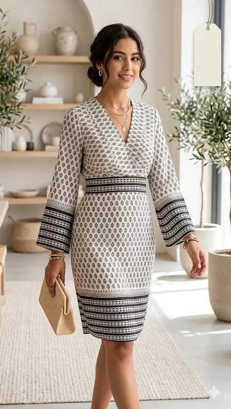 فستان ميدي أنيق بنقوش كلاسيكية وأكمام واسعة