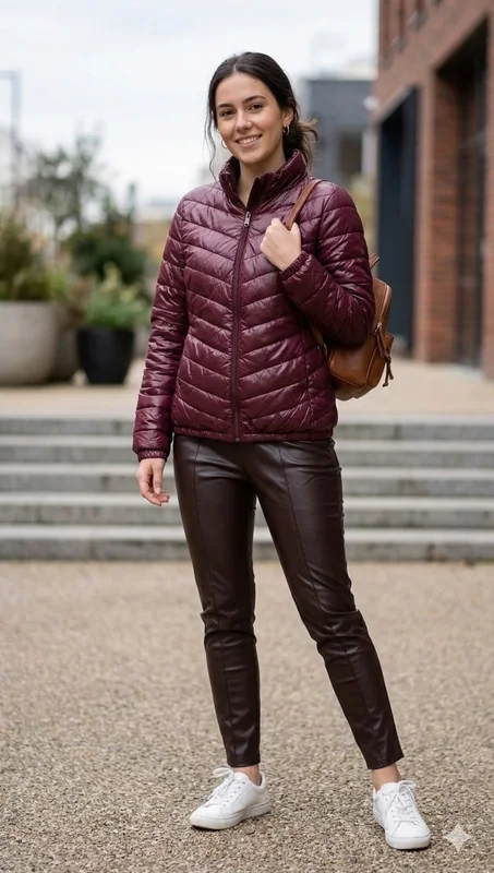 طقم شتوي أنيق: سترة "بافر" بوردو ملكي وبنطلون جلدي غامق