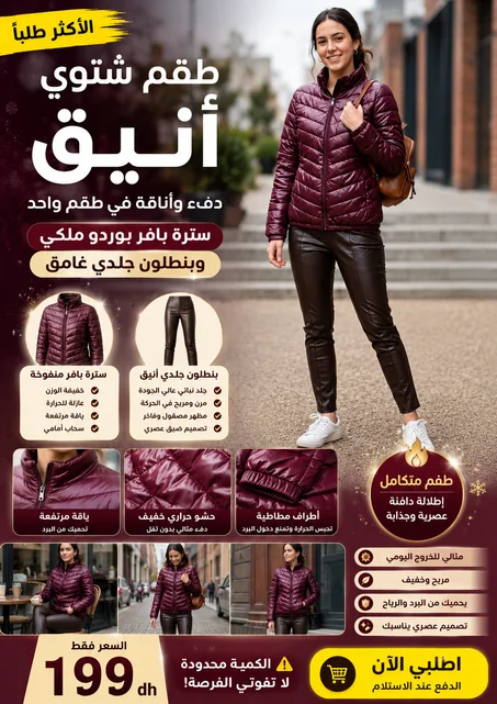 طقم شتوي أنيق: سترة "بافر" بوردو ملكي وبنطلون جلدي غامق