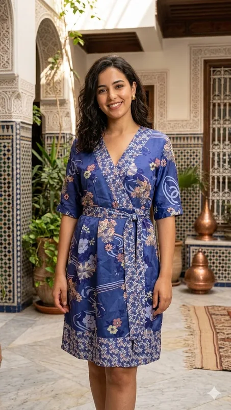 فستان "كيمونو" أزرق بنقشات زهور صيفية راقية 🌸✨