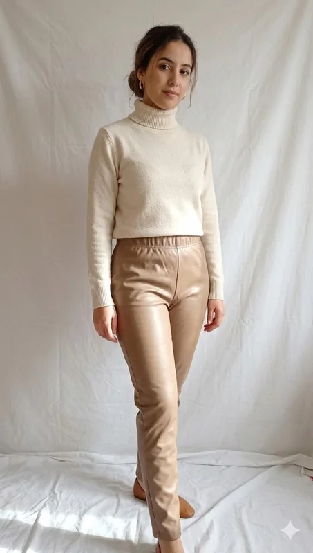 طقم شتوي أنيق: بنطلون جلد (Simili Cuir) مع كنزة بصوف ناعم ورقبة عالية