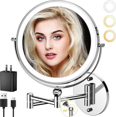 Espejo de maquillaje iluminado de pared de 9 pulgadas, espejo de aumento de doble cara recargable de 4000 mAh con luz regulable táctil, brazo extendido de rotación de 360 grados, espejo de