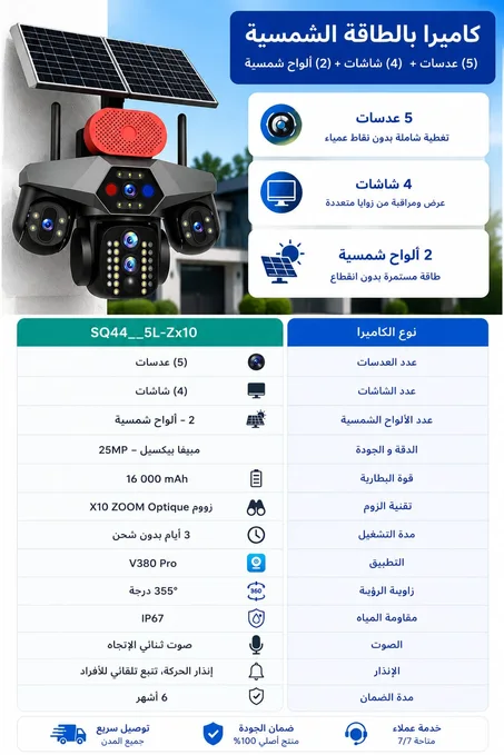 كاميرا المراقبة الذكية الشمسية 4G - 5 عدسات | 25MP | 3 PTZ | زووم حقيقي ×10