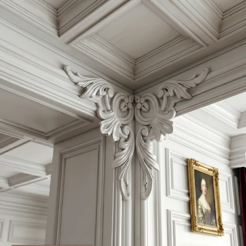 Ornement d’Angle Baroque en Plâtre Décoratif – Élément Mural Élégant pour Intérieur Luxe