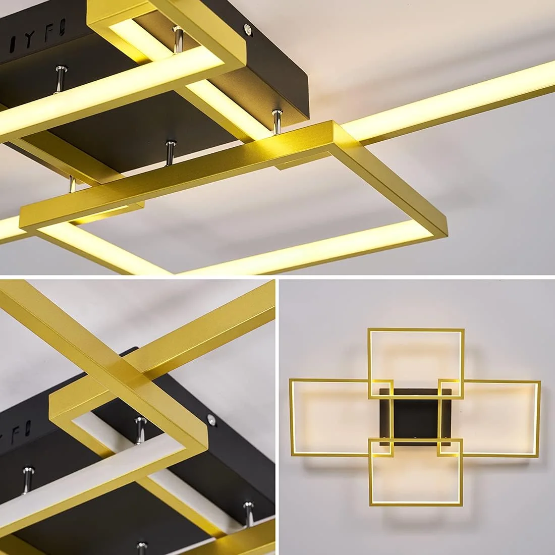 Plafonnier LED 4 Carrés Dorés (Gold) – Design Géométrique pour Grand Salon