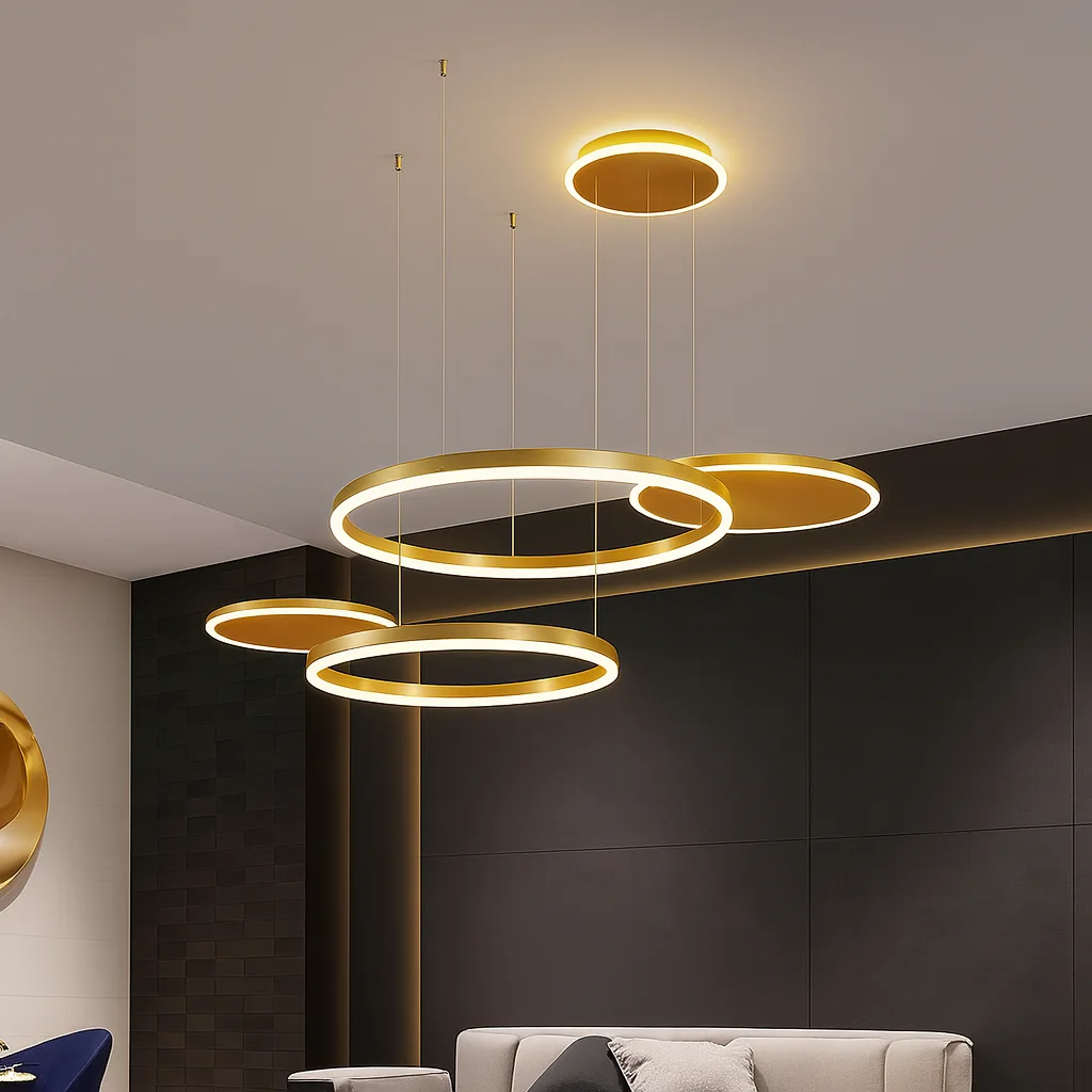 Plafonnier 4 Anneaux Entrelacés Dorés – Éclairage Puissant Salon