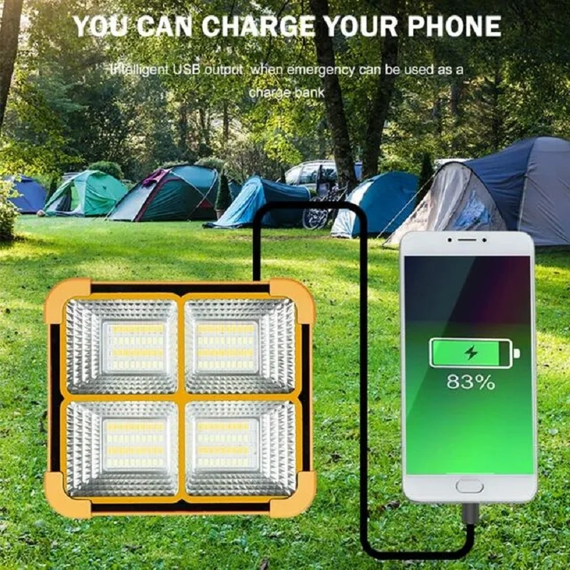 Projecteur LED Solaire Portable & Powerbank – Lampe de Camping Rechargeable (USB/Solaire)