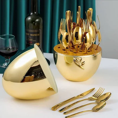 مجموعة أدوات الطعام ذات الشكل البيضوي والمصنوعة من الفولاذ المقاوم للصدأ، تحتوي على 24 قطعة، ومطلية بالذهب.