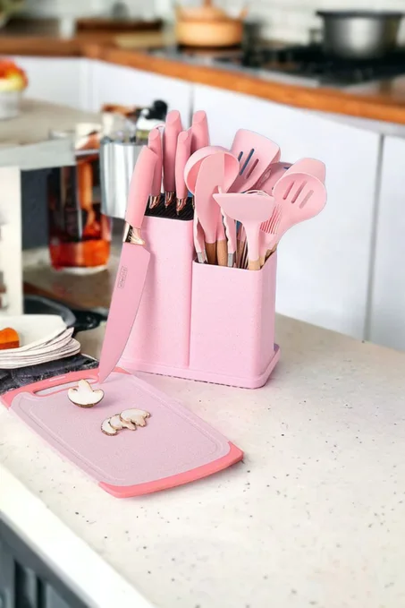 19 قطعة من أدوات مطبخ من السيليكون مع مقابض خشبية وجرة تخزين قطع القطع ولوح تقطيع