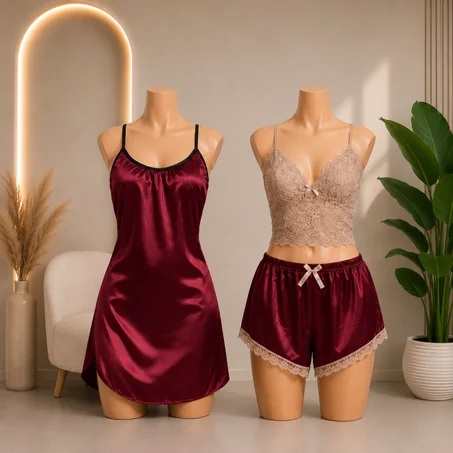 Ensemble Nuit Satin Bordeaux 2 Pièces