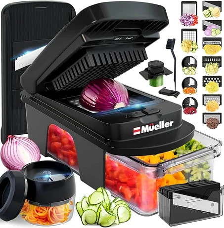 Mueller ULTIMATE - Picador de verduras de 12 cuchillas, cortador y espiralizador de mandolina, cortador, rallador, artículos esenciales de cocina y accesorios, negro