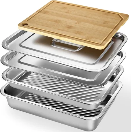 Bandejas de preparación y sistema de transporte 5 en 1, 2 recipientes de marinado de acero inoxidable con 2 tapas, tabla de cortar de bambú, bañera de preparación de carne con tapa y bandeja