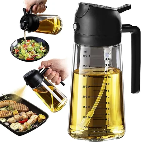 TrendPlain - Pulverizador de aceite de oliva de vidrio de 16oz/470ml para cocinar – Botella dispensadora de aceite de oliva 2 en 1 para accesorios de cocina y freidora de aire, ensalada, parr