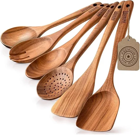 Boxiki Kitchen Juego de 6 cucharas de madera para cocinar, juego de utensilios de madera de teca con acabado duradero y liso, cucharas antiadherentes y espátula para uso diario