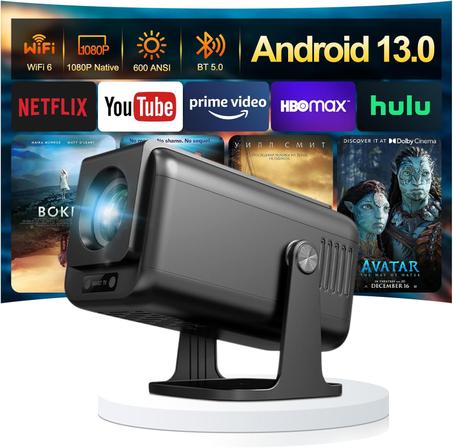 جهاز عرض صغير【 تلفزيون اندرويد 13.0/اوتو كيستون】مع واي فاي 6، جهاز عرض ذكي محمول اصلي 1080P للسينما المنزلية، جهاز عرض افلام قابل للدوران 360 درجة متوافق مع اللابتوب والكمبيوتر والهواتف الذكي