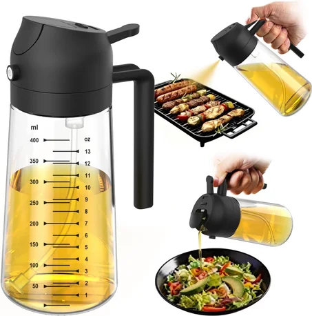 TrendPlain - Pulverizador de aceite de oliva de vidrio de 16oz/470ml para cocinar – Botella dispensadora de aceite de oliva 2 en 1 para accesorios de cocina y freidora de aire, ensalada, parr