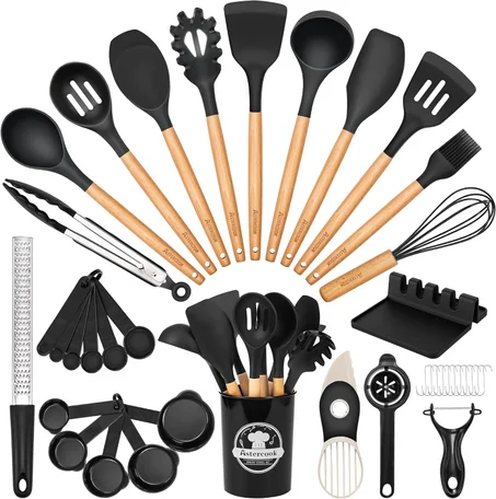 Astercook Juego de utensilios de cocina de 39 piezas, juegos de utensilios de cocina de silicona con mango de madera, juego de espátula de grado alimenticio resistente al calor de 446