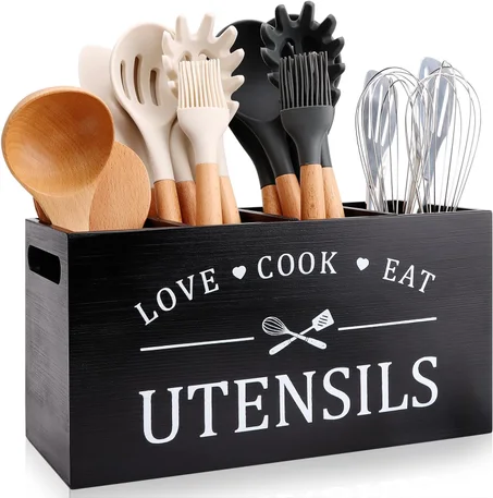 Soporte Negro para Utensilios de Cocina Estilo Granja para Encimera de Cocina Extra Grande Organizador Caddy de Almacenamiento de Utensilios para Encimera Madera Rústica Decoración de Herrami