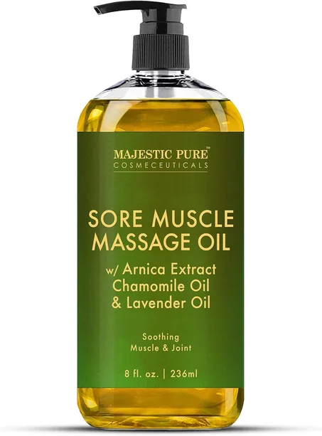 MAJESTIC PURE Aceite de masaje de árnica para terapia de masaje, refrescante y relajante, aceites naturales con aceites esenciales de lavanda y manzanilla, para todo tipo de piel, hombres y m