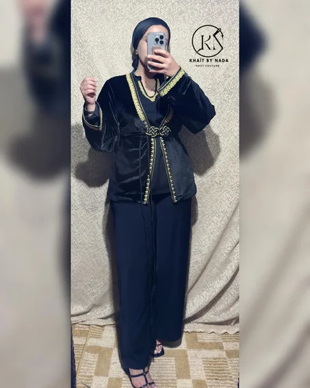 Noir Impérial- Jabadour Moderne avec Kimono – Élégance Marocaine | Khaït