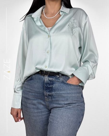 Chemise Vert Eau en satin de soie