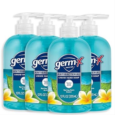 Jabón de manos antibacteriano Germ-X, líquido hidratante para la cocina o el baño, pH equilibrado y probado por dermatólogos, color Spring Rain, botella con dosificador de 355 ml (paquete de