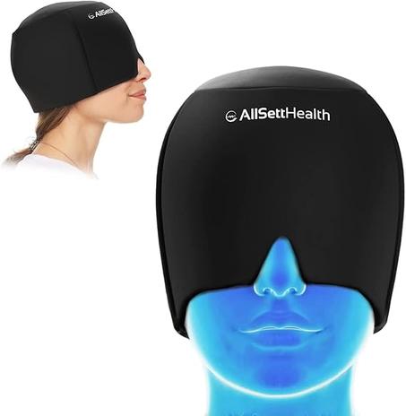 Gorro para migrañas con envoltura de hielo y gorro | Paquete de gel frío/calor con mascarilla facial y ocular para aliviar el dolor de cabeza - Negro - Apto para FSA y HSA