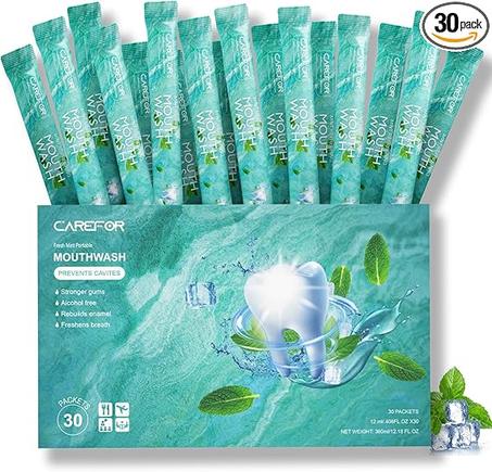 Enjuague bucal portátil de viaje, sin alcohol ni flúor, con tiras de menta fresca para una higiene bucal superior, 30 paquetes individuales de enjuague bucal desechable (paquete de 30)