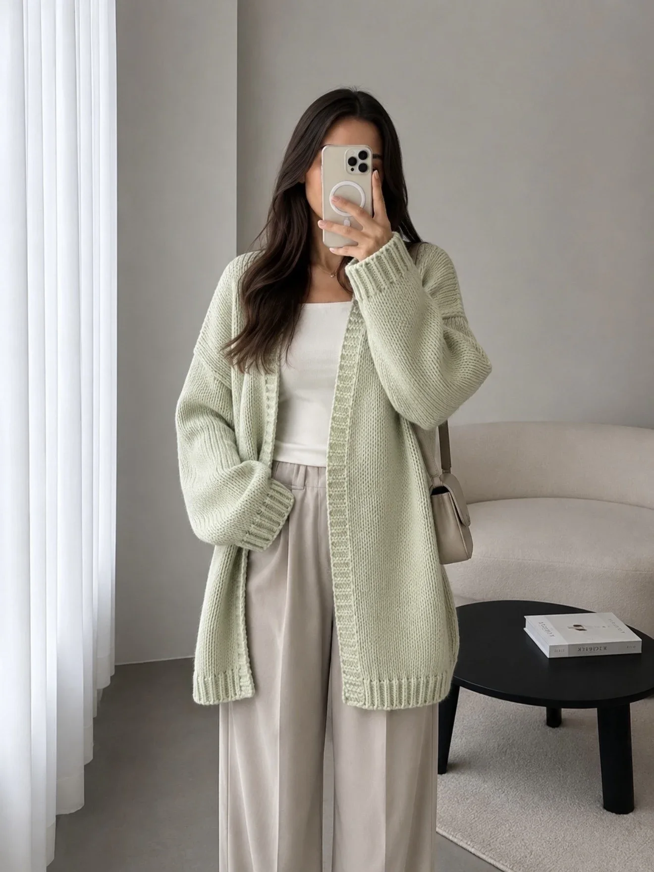 Gilet Cardigan Mi-Long – Vert Clair