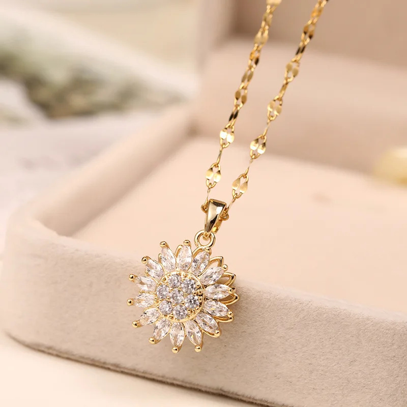 Colliers Tournesol pour Femme, Double Couche, Rotatif, Acier Inoxydable, JoChoker, Bijoux, Accessoires