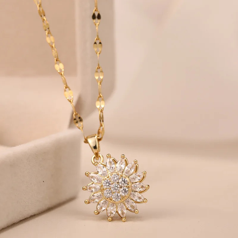 Colliers Tournesol pour Femme, Double Couche, Rotatif, Acier Inoxydable, JoChoker, Bijoux, Accessoires