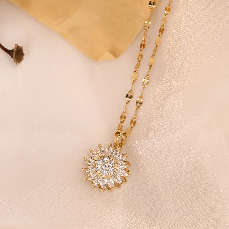 Colliers Tournesol pour Femme, Double Couche, Rotatif, Acier Inoxydable, JoChoker, Bijoux, Accessoires