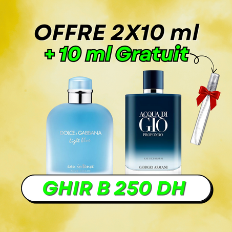 2x10 ml offre  ( Light Blue + Aqua Di Gio Profondo ) + 10 ml FABOR