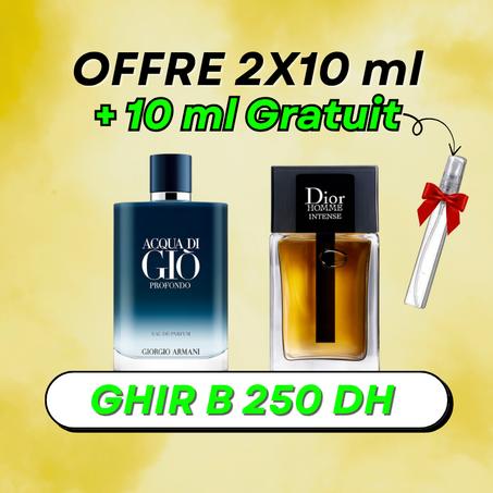 2x10 ml offre  ( Aqua Di Gio Profondo + Dior Homme Intense ) + 10 ml FABOR