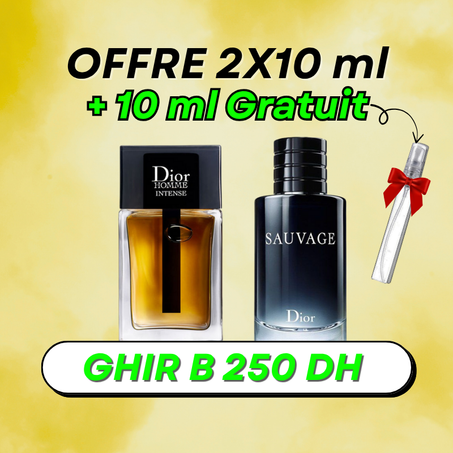 2x10 ml offre  ( Sauvage + Dior Homme Intense ) + 10 ml FABOR