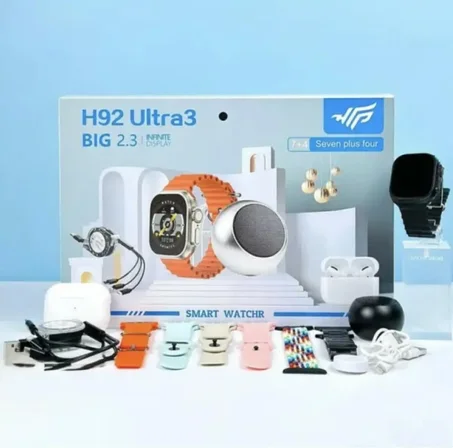 Pack Premium H92 Ultra3: Reloj Inteligente con Auriculares TWS, 7 Correas, Altavoz Bluetooth y Caja de Regalo de Lujo.