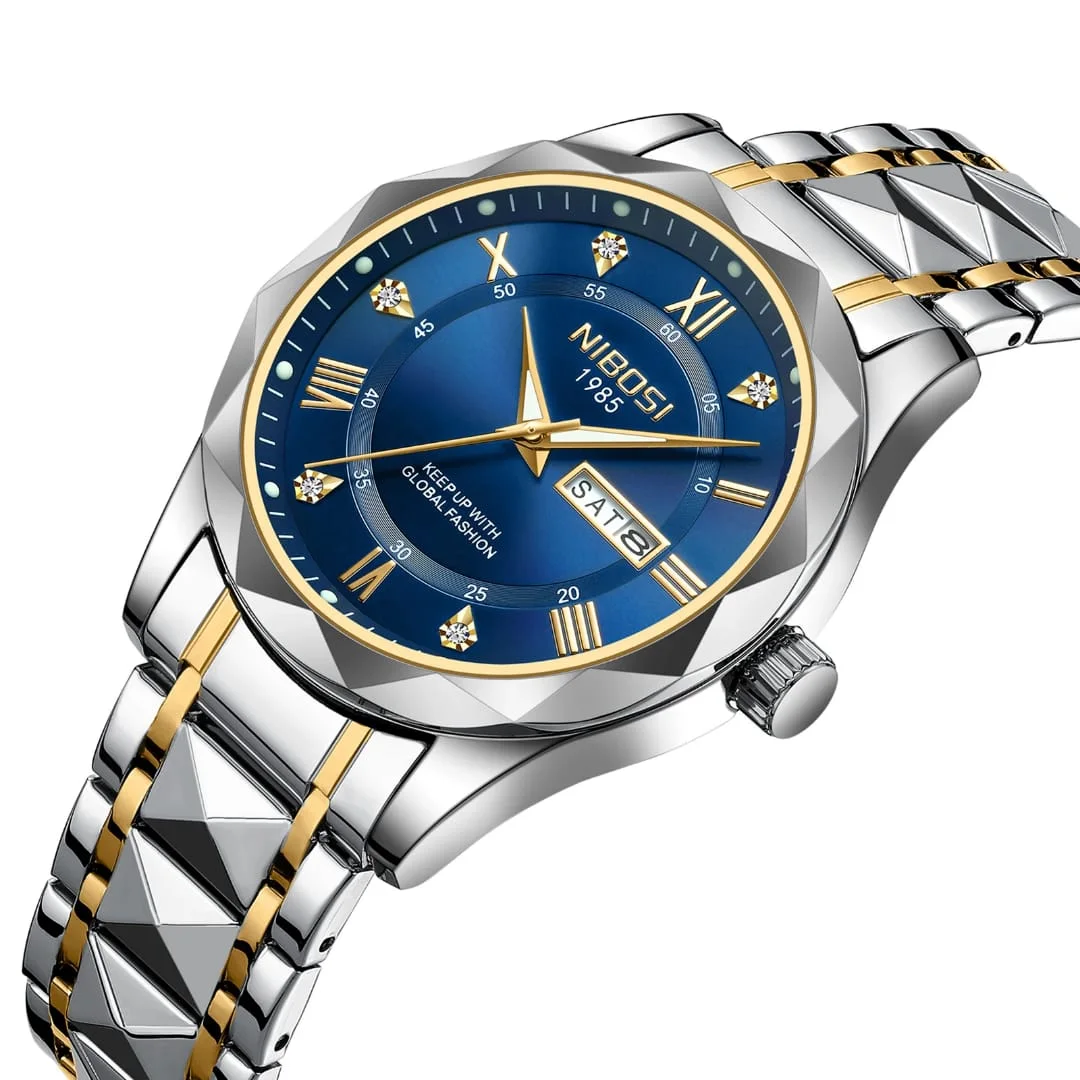 Montre NIBOSI 1985 — Édition Saphir | Acier Bicolore Or & Argent | Affichage Jour/Date